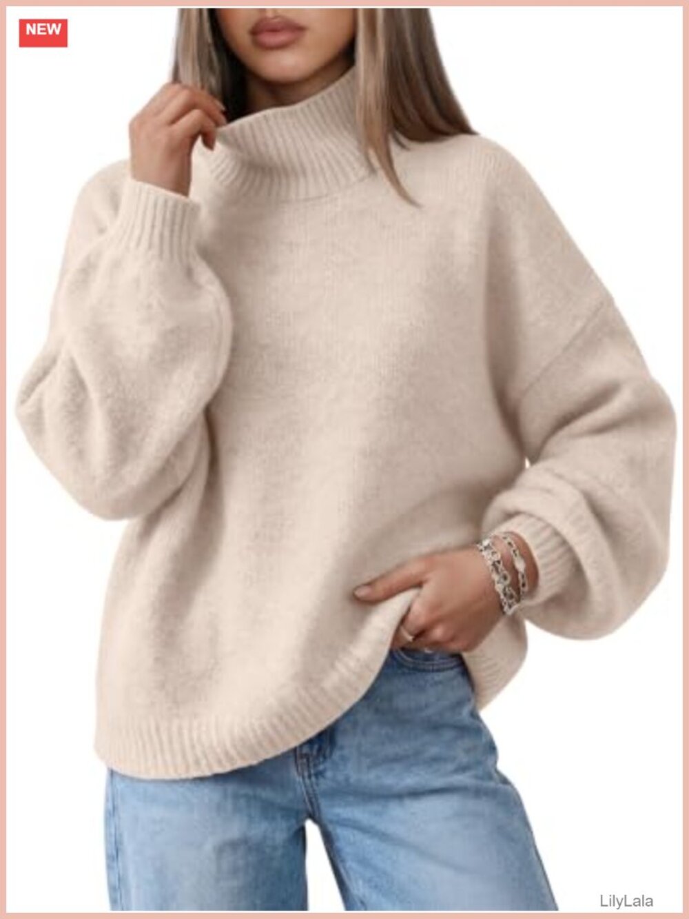 Oversized Mock Neck Knit Pullover Sweater Lantern Sleeve Polyester
